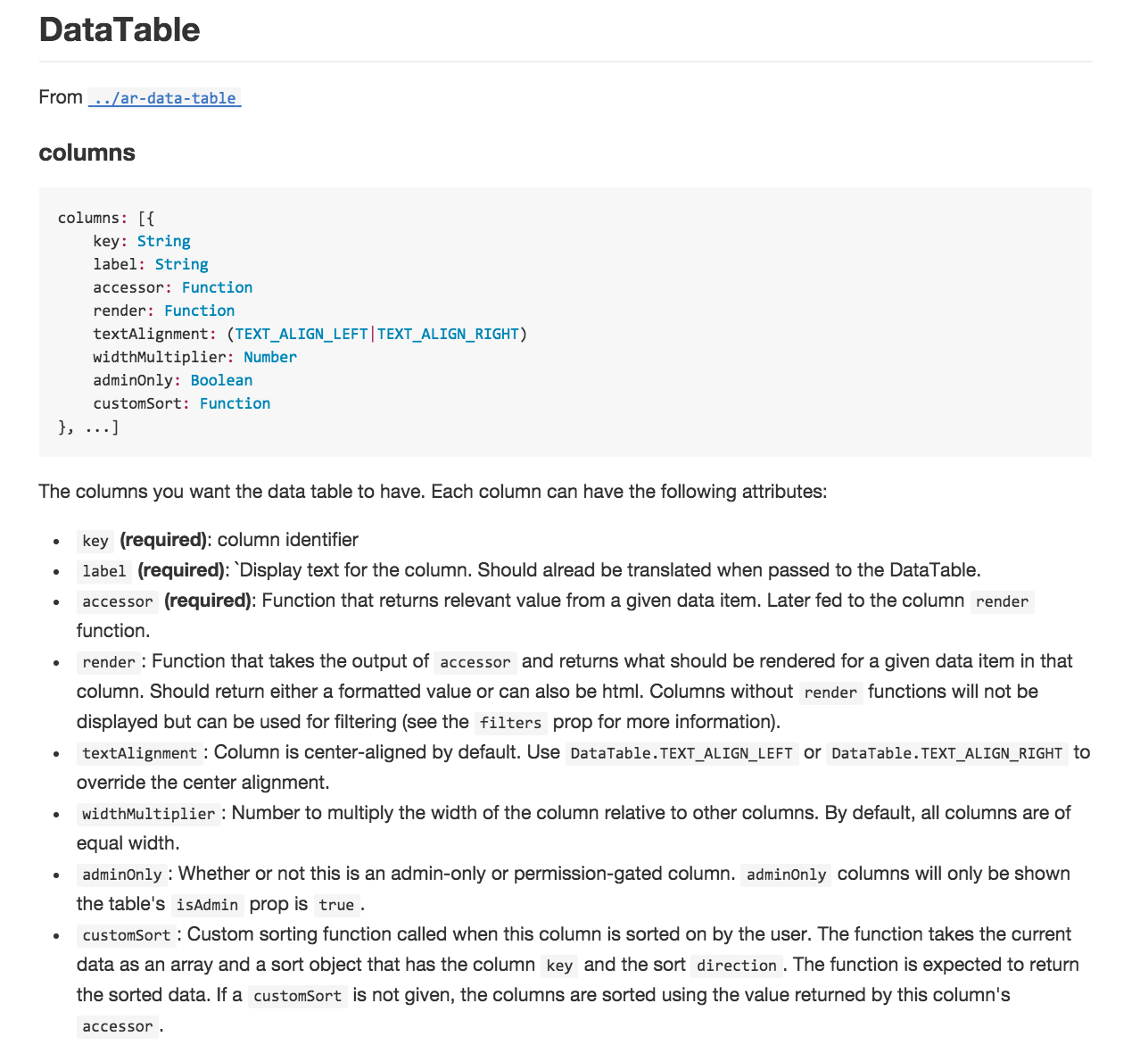 Rollup Data Table prop documentation